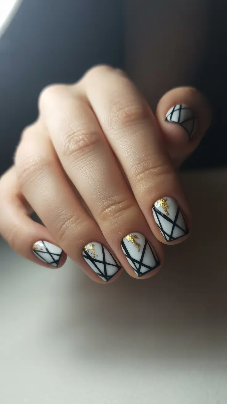 christmas gel nails 2025 modern lines with a hint of gold