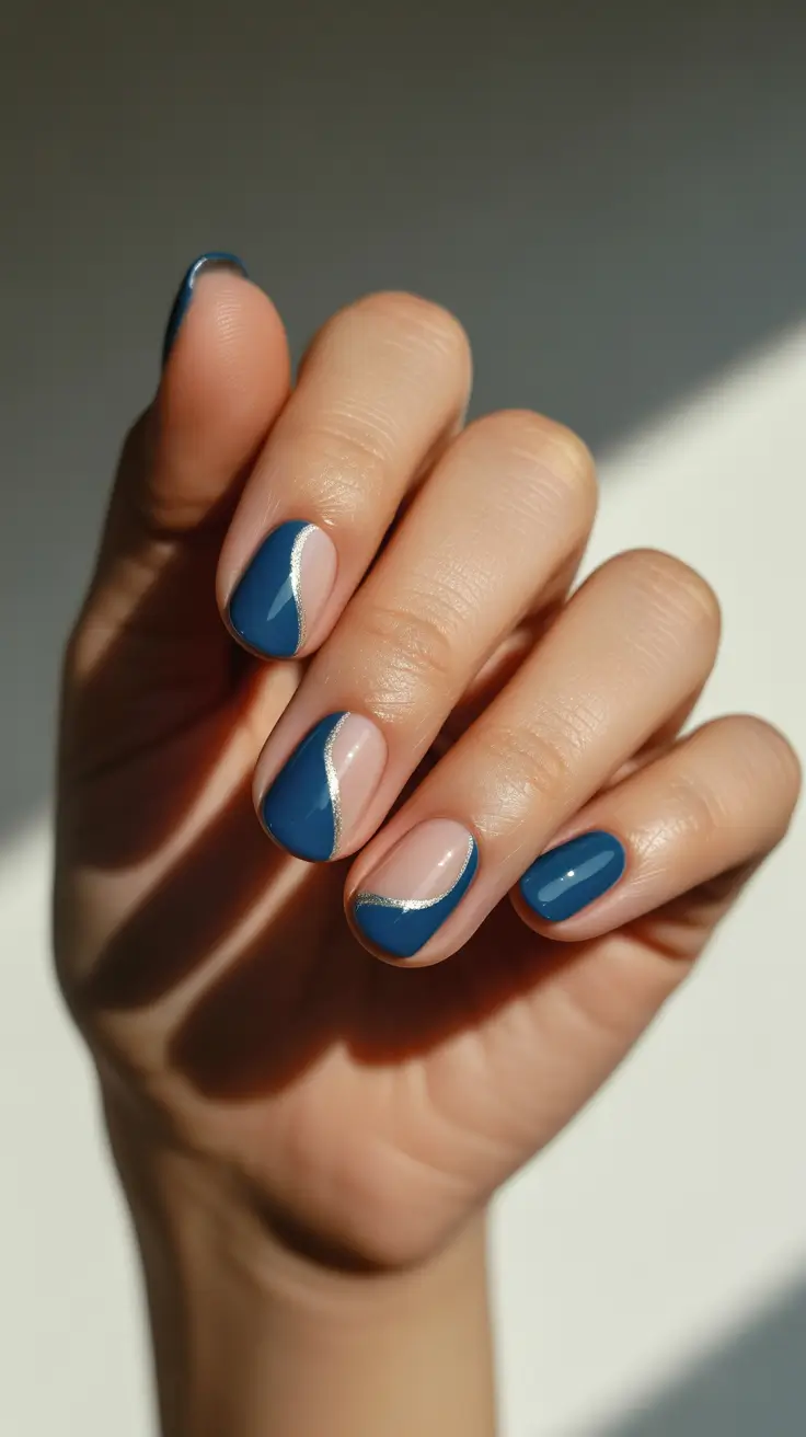 christmas gel nails 2025 midnight blue with silver curves