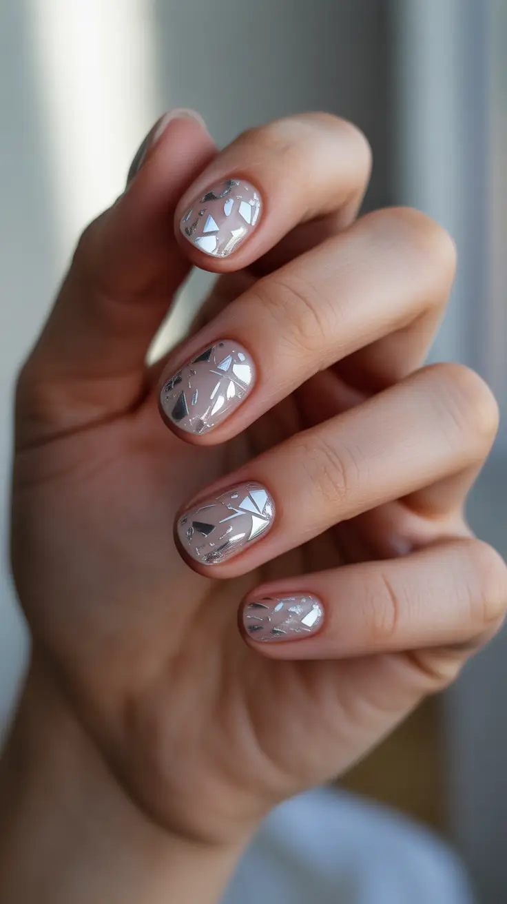 christmas nail design silver shards on nude