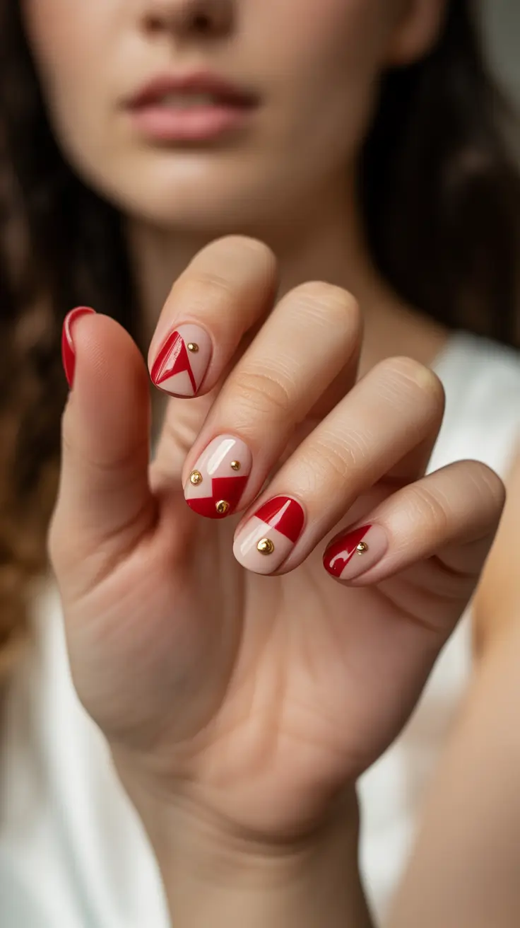 christmas nail design crimson accents with golden studs