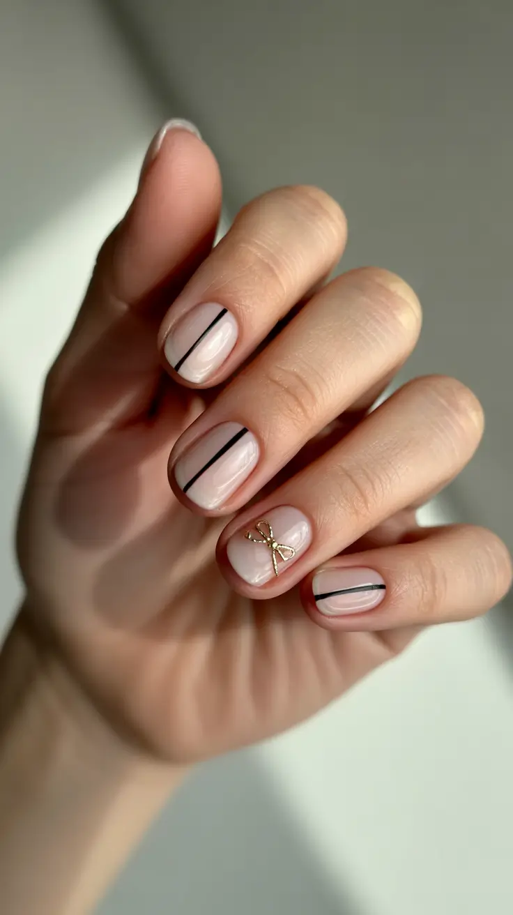 christmas nail design chic minimal lines with a golden bow