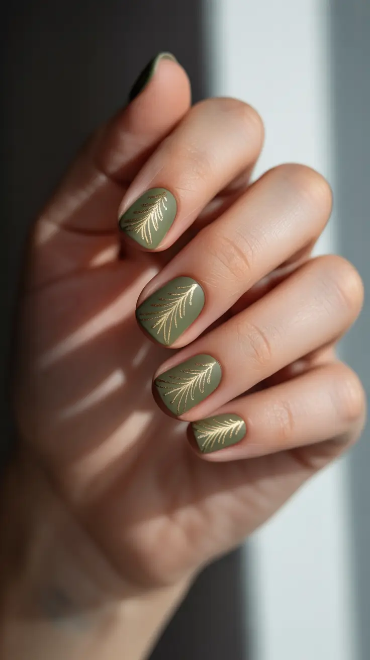 christmas nail design evergreen elegance with golden leaves
