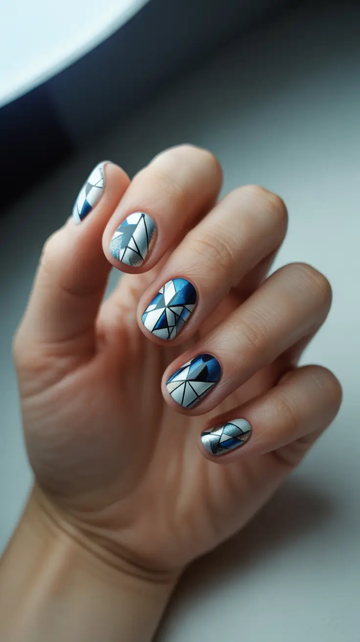christmas nail design frosted geometric silver and blue