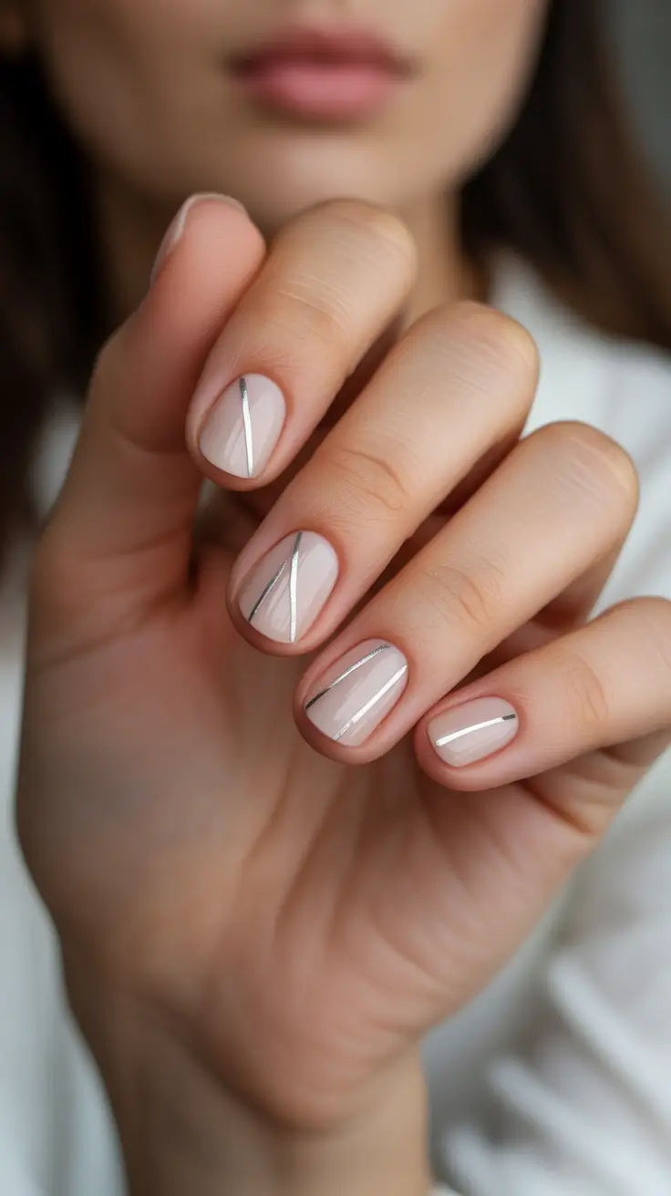 christmas nail design delicate silver lines on nude