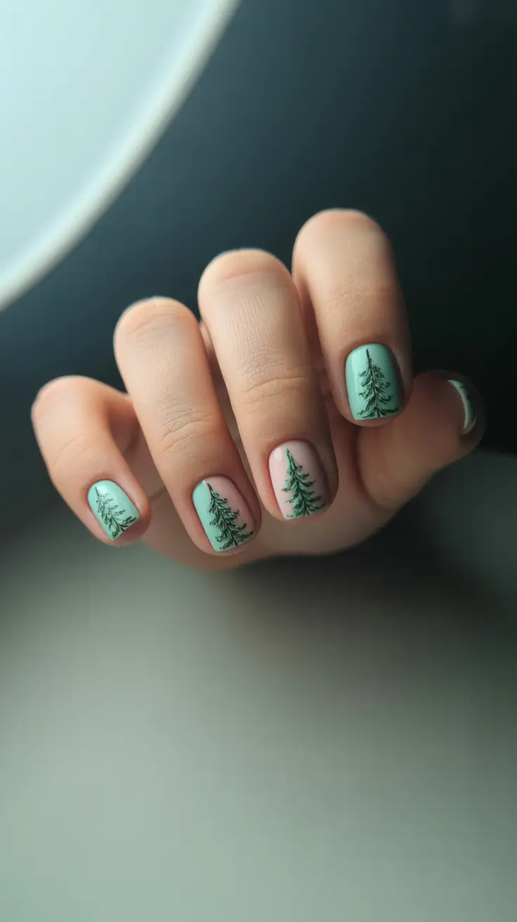 christmas tree nails 2025 mint pines serenity