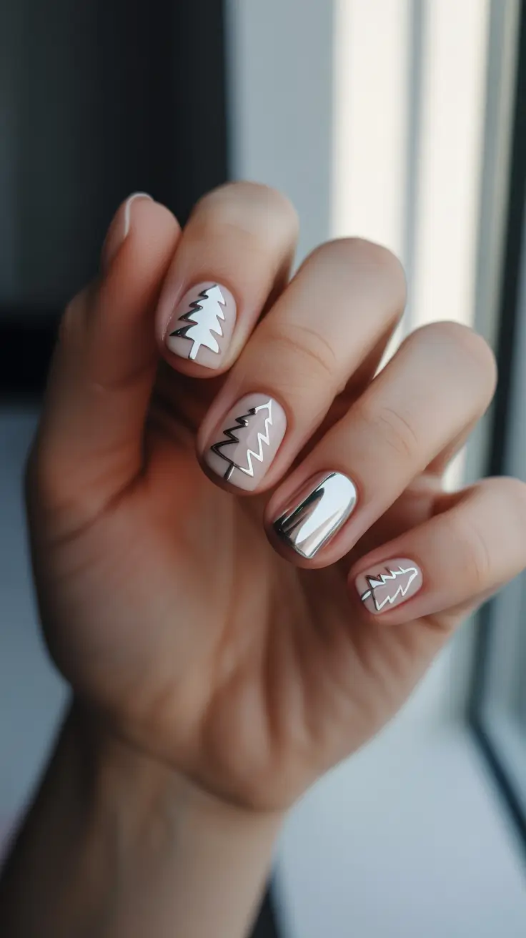 christmas tree nails 2025 silver reflection chic