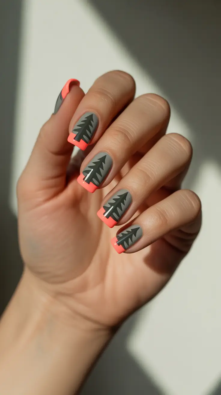 christmas tree nails 2025 coral tipped forest french