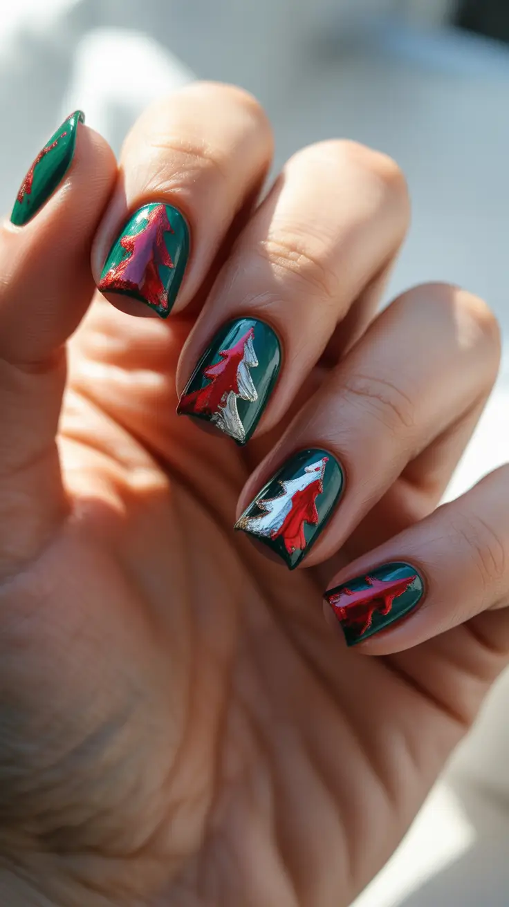 christmas tree nails 2025 red and silver forest drama