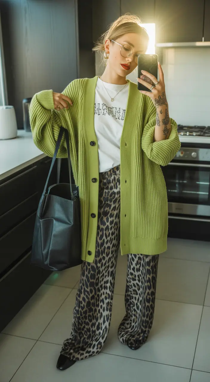 comfy outfits Fresh Green Cardigan With Relaxed Leopard Trousers