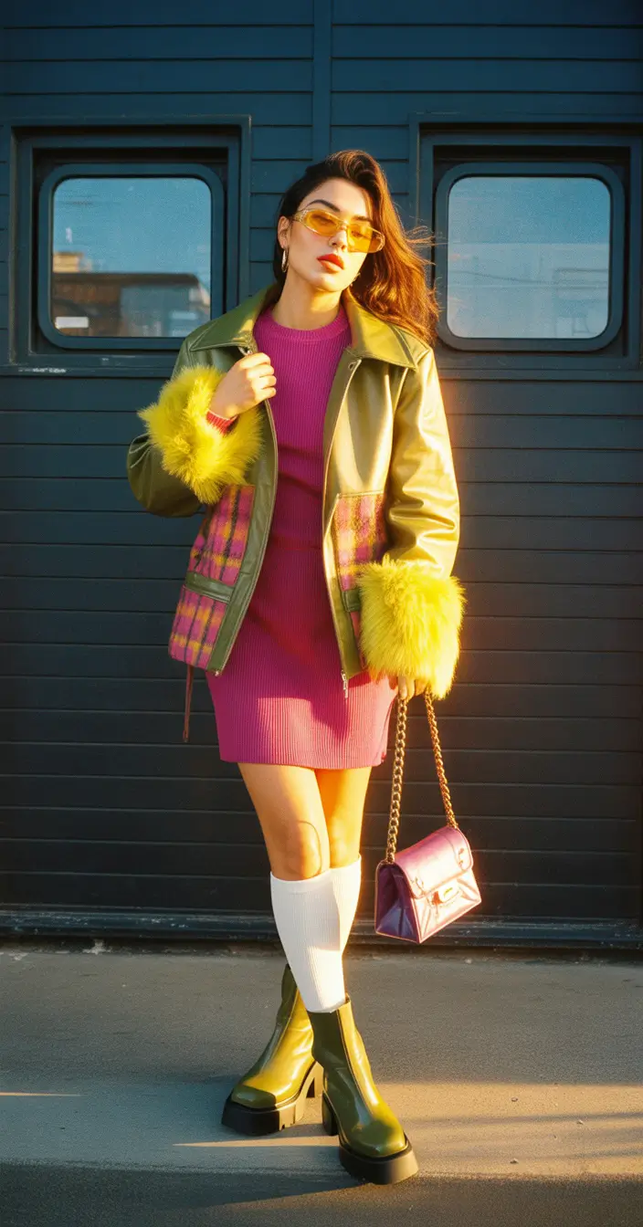 cute y2k outfits 2026 Bold Color Clash With Fuzzy Glam Energy