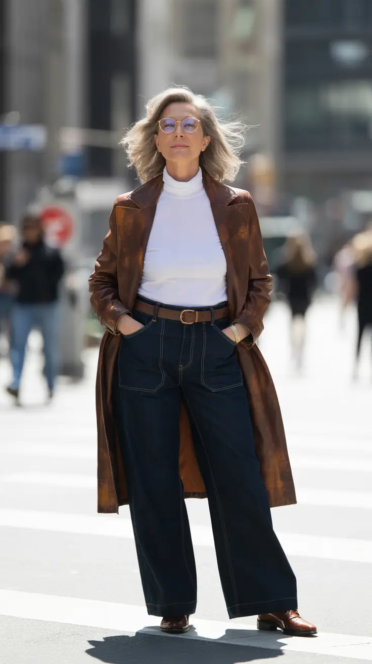 Outfits for Women Over 50 Retro-Modern Tailoring with a Bold Leather Trench