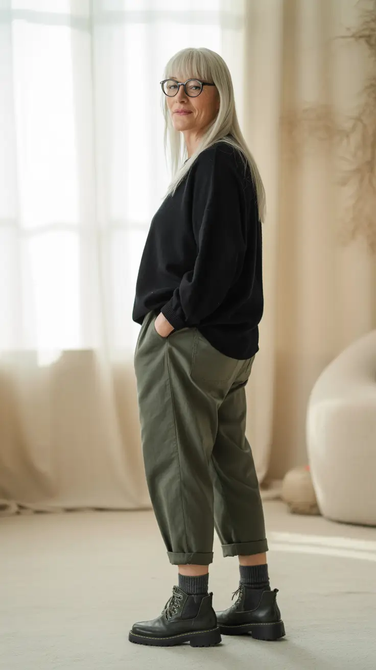 Elegant outfits for women over 50 in 2026 Relaxed Black Knit And Utility Greens