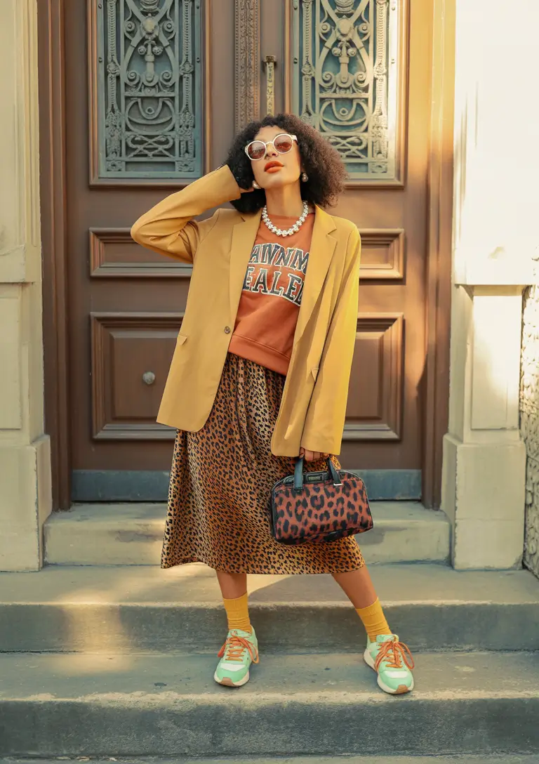 everyday outfits with sneakers 2026 Warm Tones And Playful Patterns