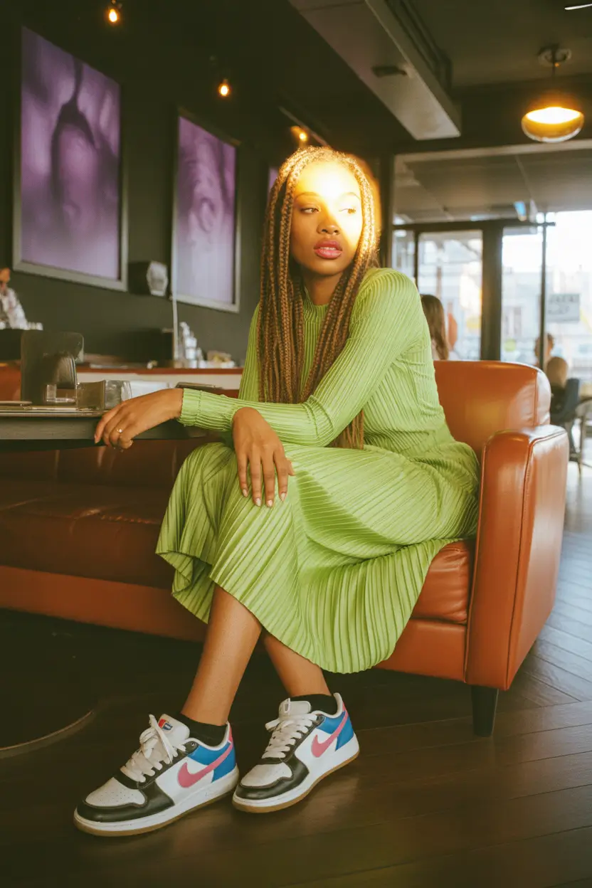 everyday outfits with sneakers 2026 monochrome dress sporty sneakers