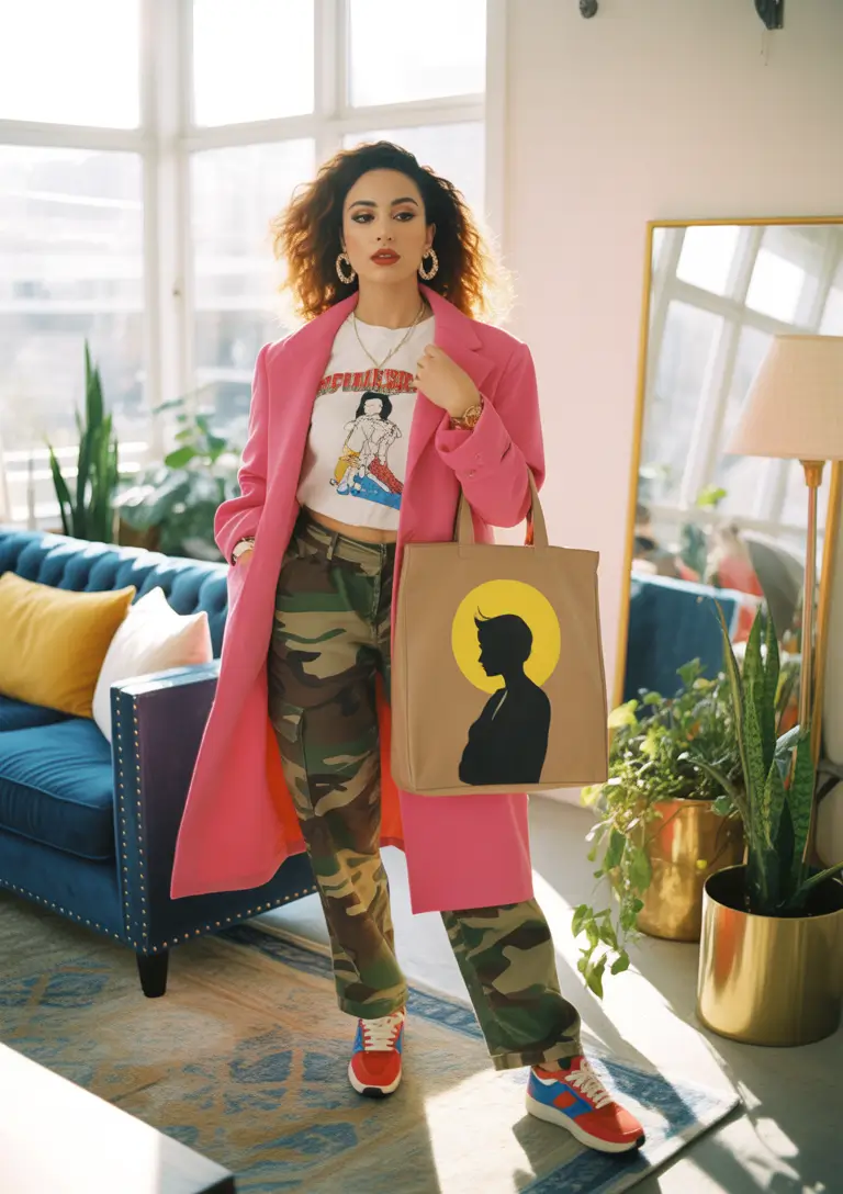 everyday outfits with sneakers 2026 pink coat camo pants