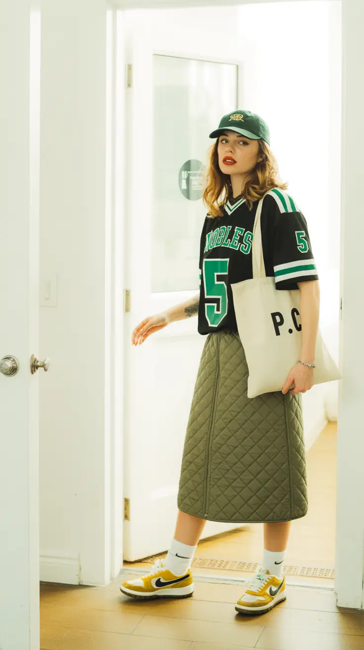 everyday outfits with sneakers 2026 Team Spirit Meets Quilted Ease