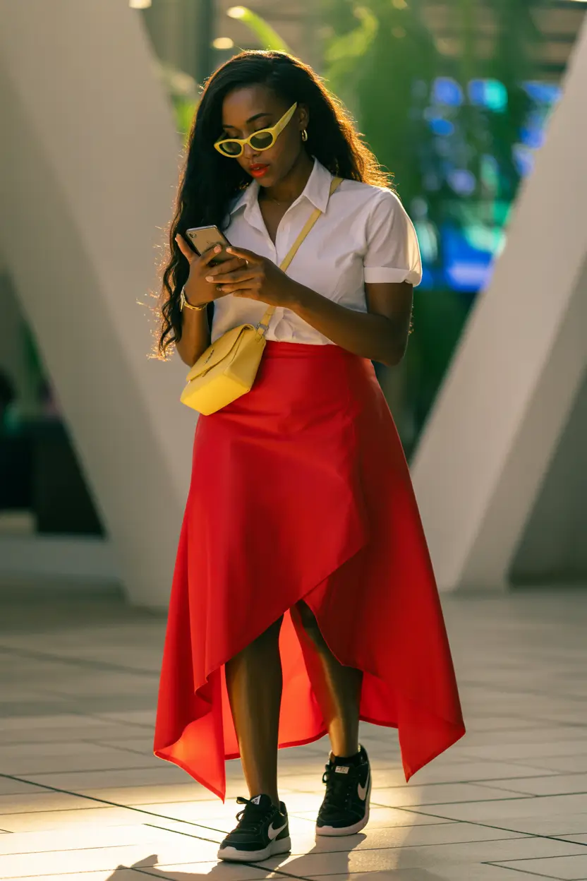 everyday outfits with sneakers 2026 Sharp Contrast And Bright Citrus Accents