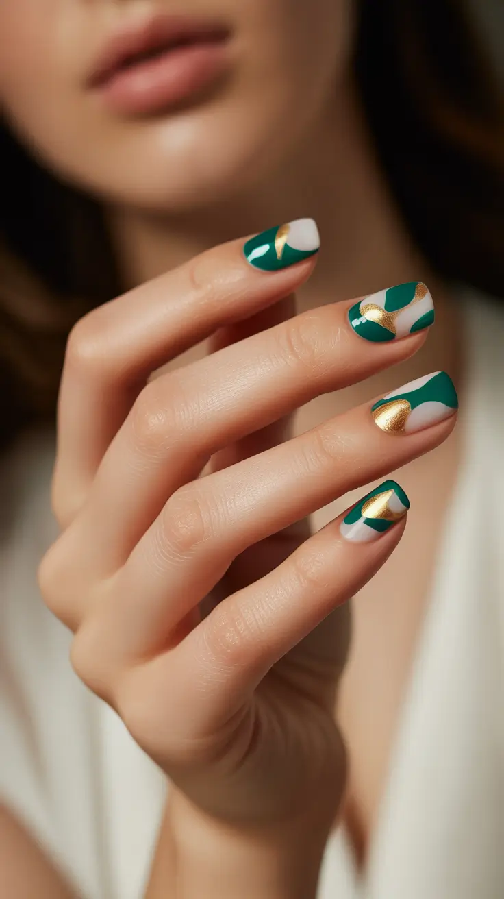 green christmas nails ideas 2025 Gilded Emerald Waves