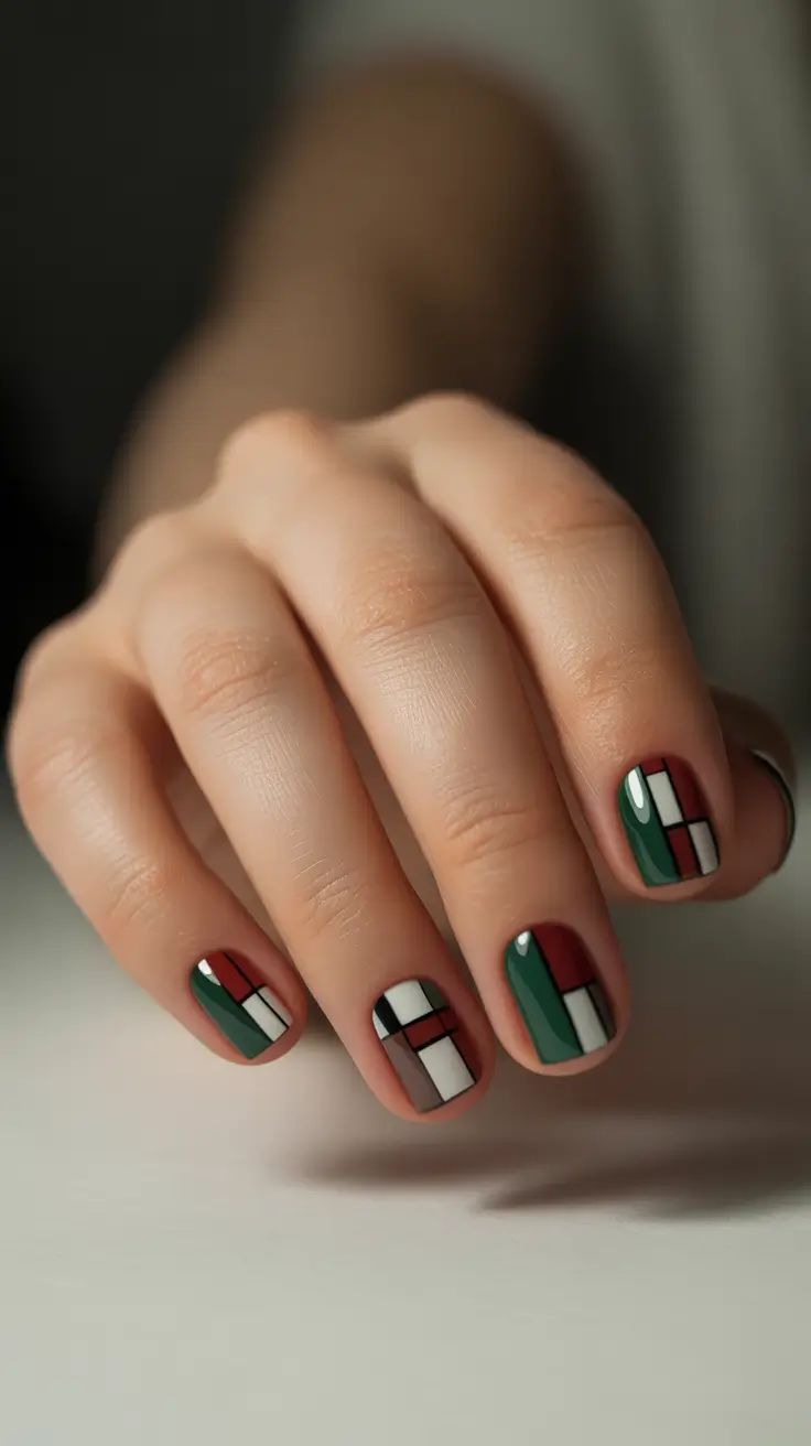 green christmas nails ideas 2025 Modernist Holiday Blocks