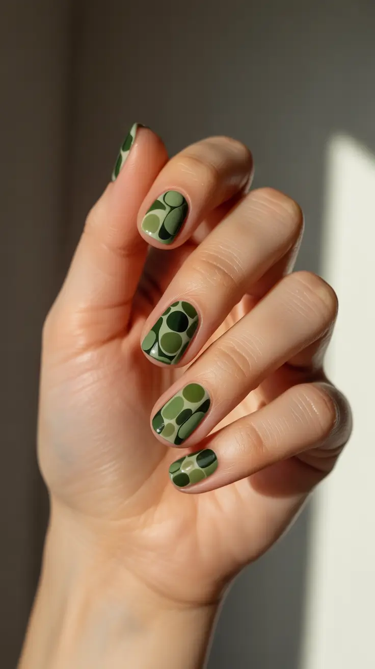 green christmas nails ideas 2025 Olive Retro Circles