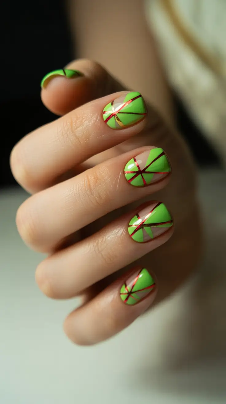 green christmas nails ideas 2025 Neon Gift Wrap Twist
