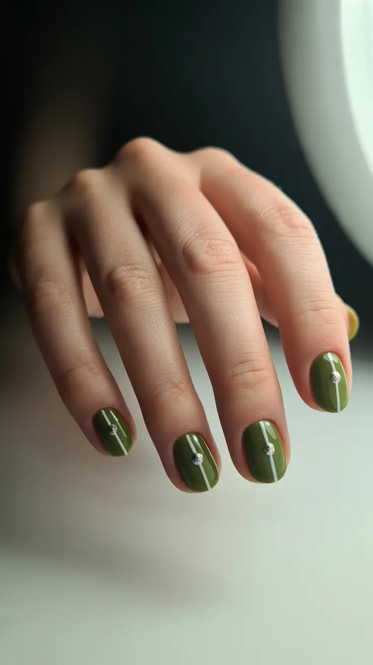 green christmas nails ideas 2025 Olive Simplicity with Crystal Line
