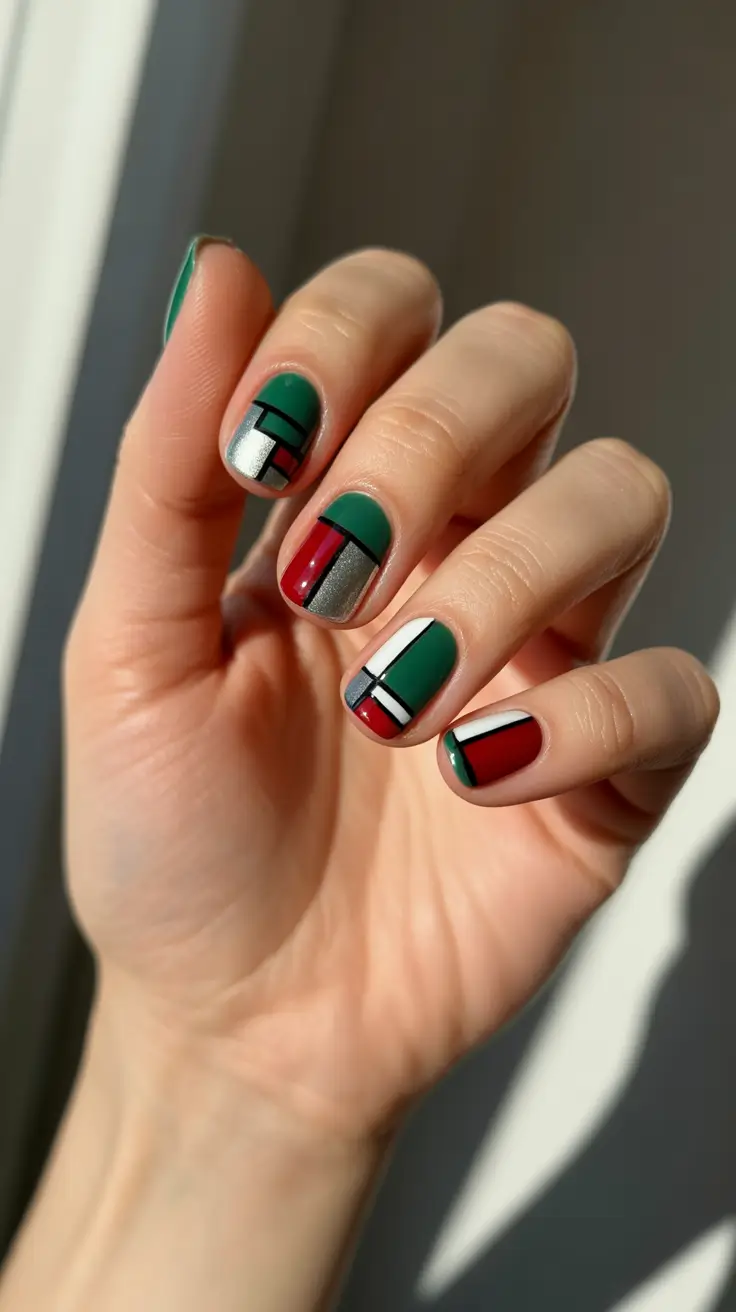 green christmas nails ideas 2025 Holiday Blocks with Metallic Touch