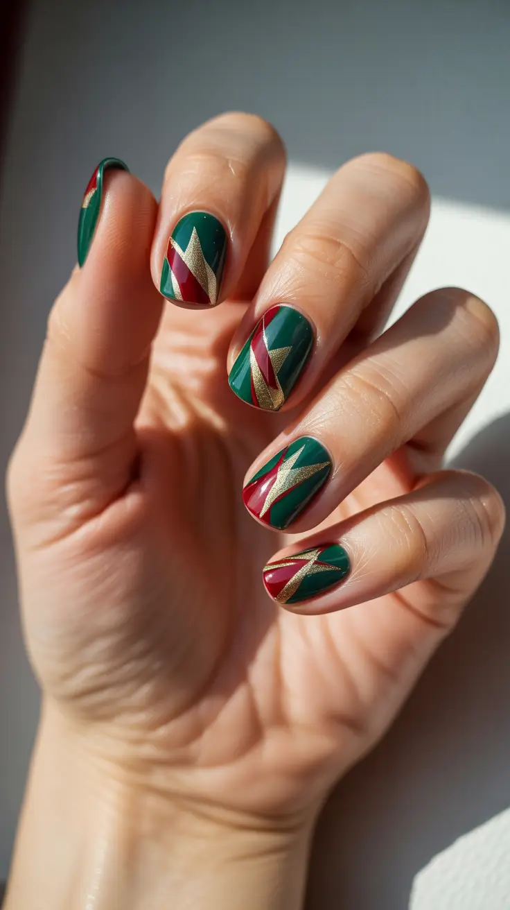 green christmas nails ideas 2025 Golden Zigzag Elegance