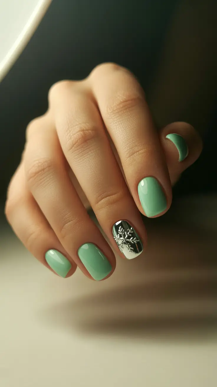 green christmas nails ideas 2025 Mint Snowflake Glam