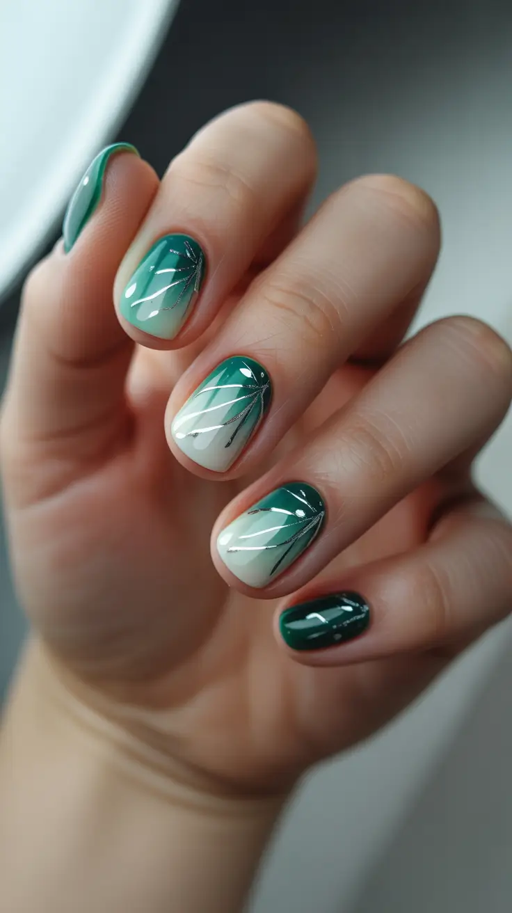 green christmas nails ideas 2025 Snowy Gradient with Sparkly Details