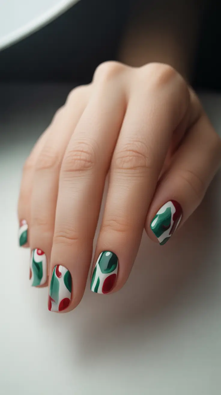 green christmas nails ideas 2025 Retro Holly Art in Emerald and Red