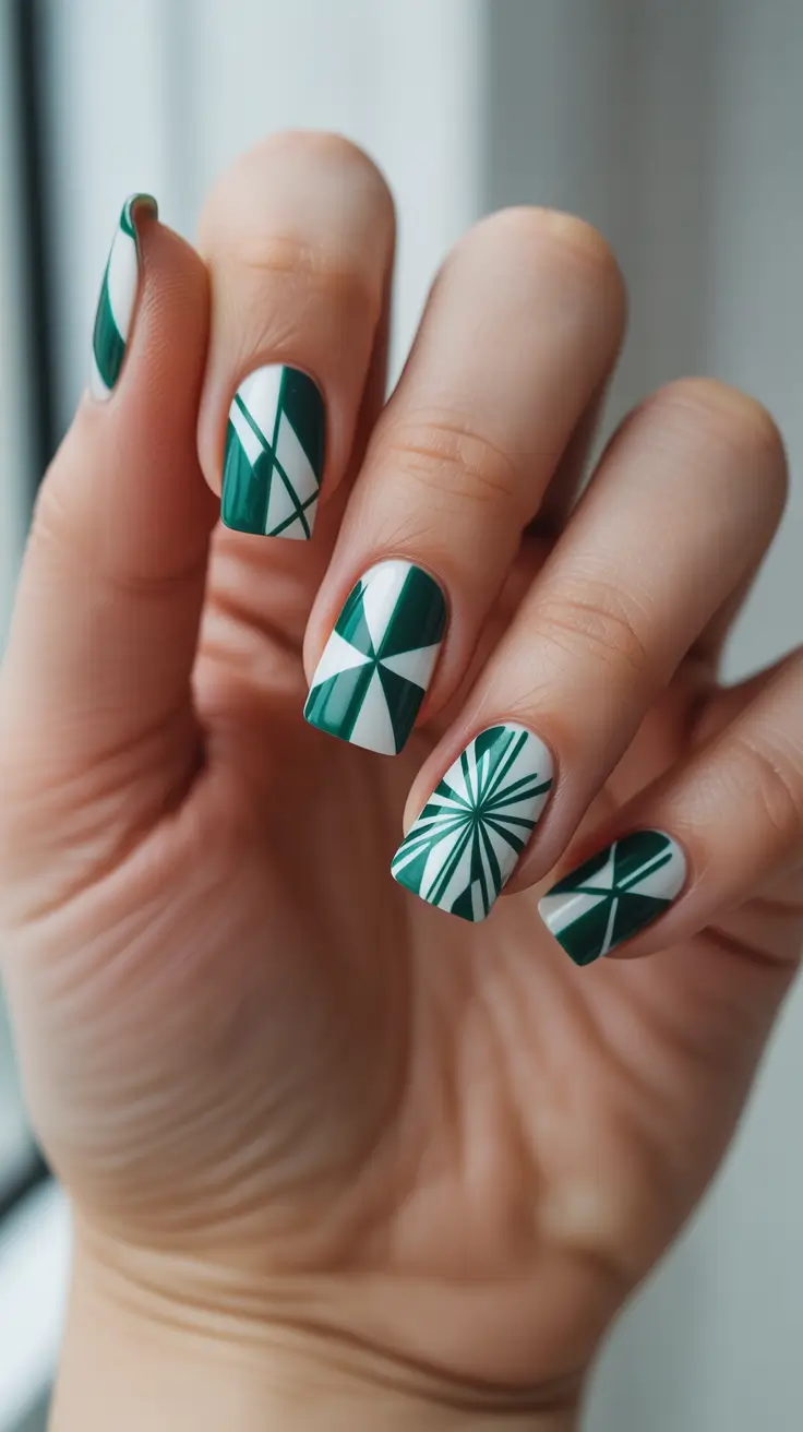 green christmas nails ideas 2025 Holiday Pinwheel Geometry