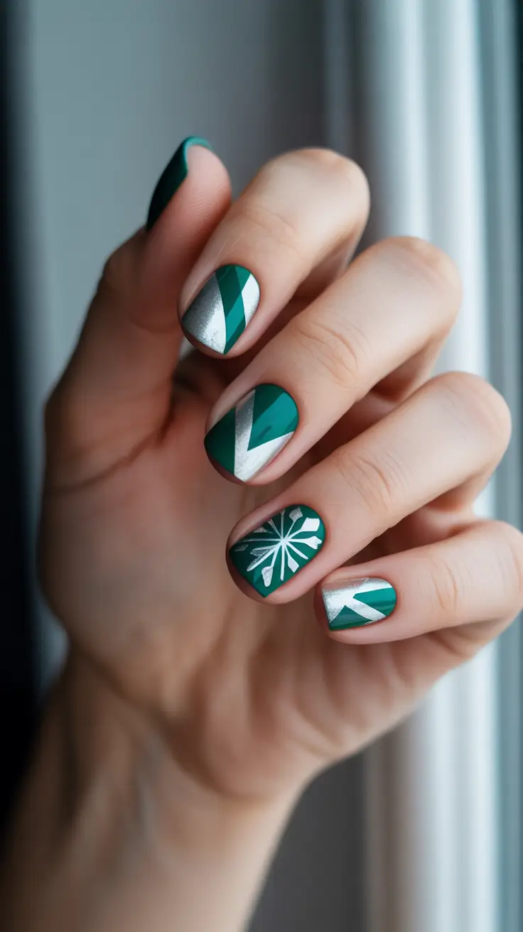 green christmas nails ideas 2025 Emerald Frost with Silver Chevron
