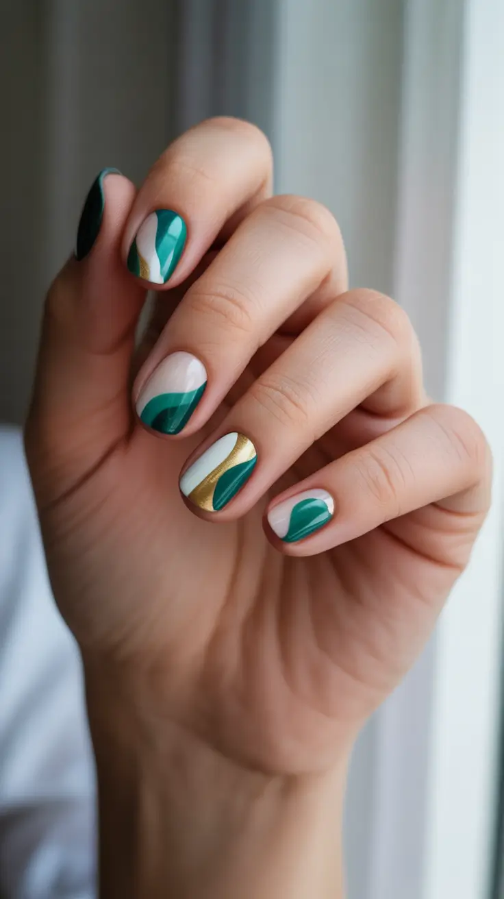 green christmas nails ideas 2025 Olive and Gold Swirls