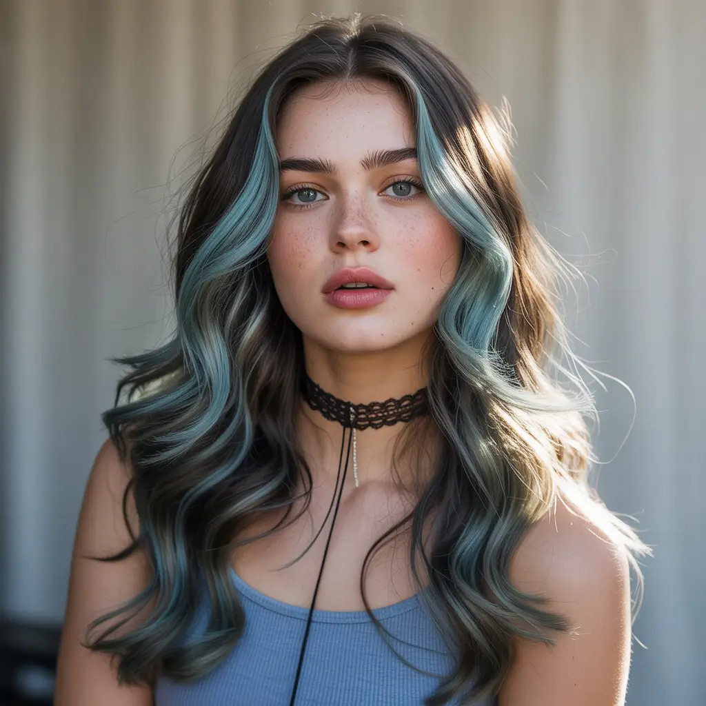 hair color ideas 2026 teal ribbon lights