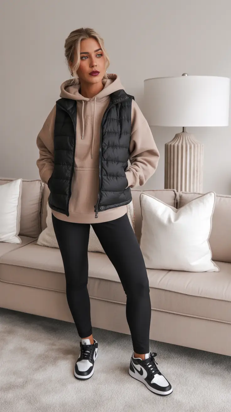 legging outfits ideas 2026 Sporty Layers in Neutrals
