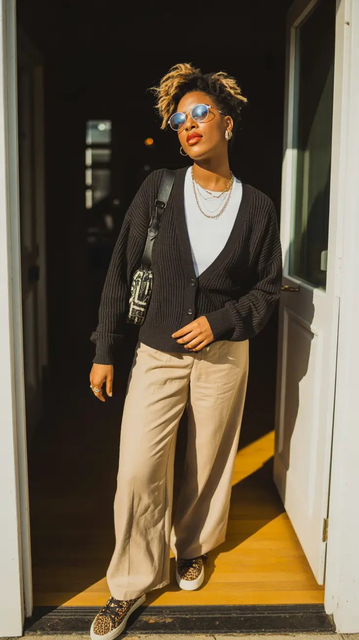 Minimalist capsule wardrobe outfits 2026 Cardigan Ease With Playful Leopard Accents