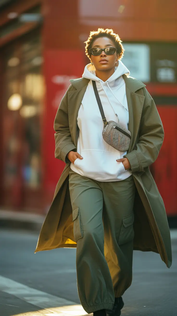 Minimalist capsule wardrobe outfits 2026 Olive Trench Layers With Streetwear Calm