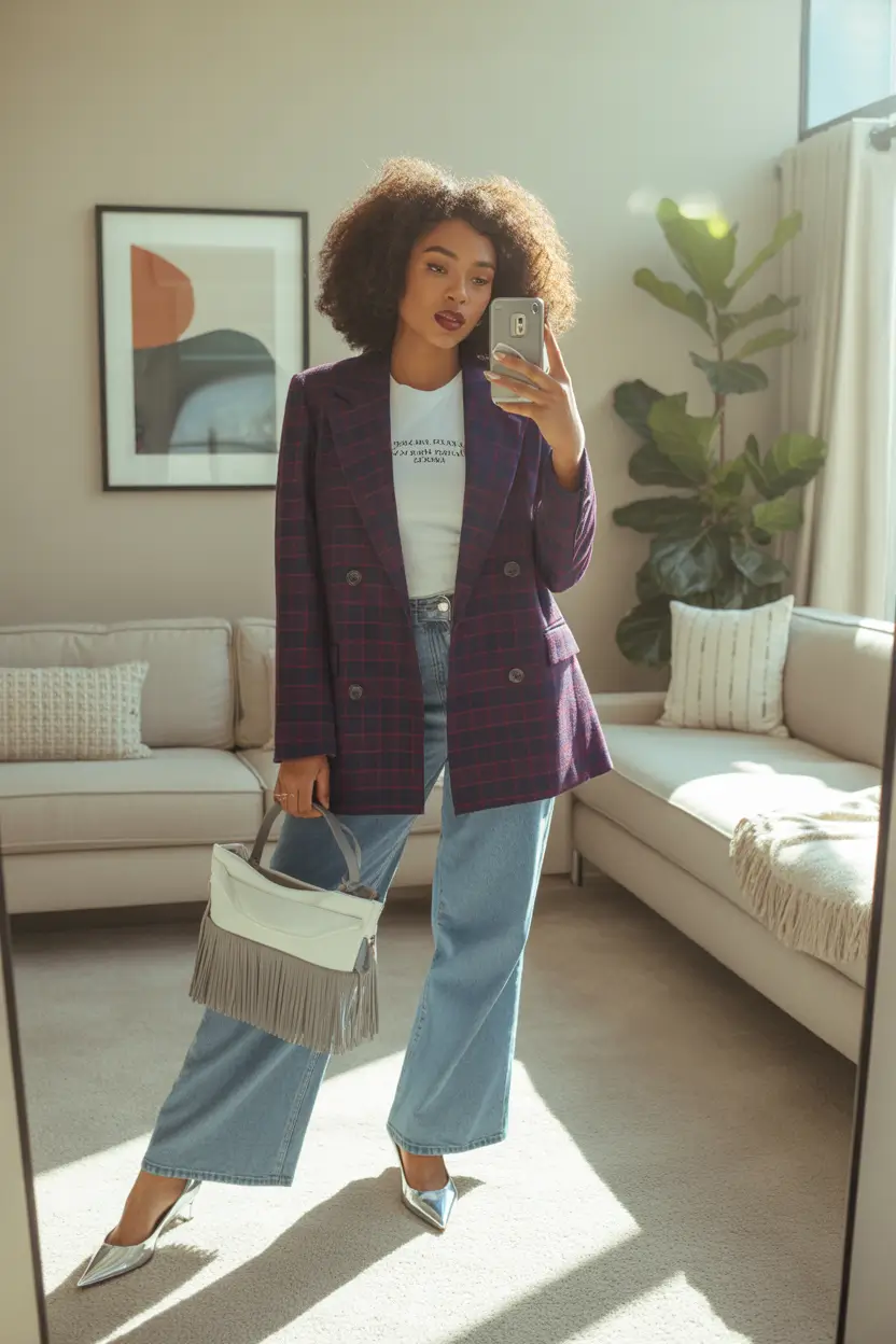 Minimalist capsule wardrobe outfits 2026 Tailored Plaid and Metallic Confidence