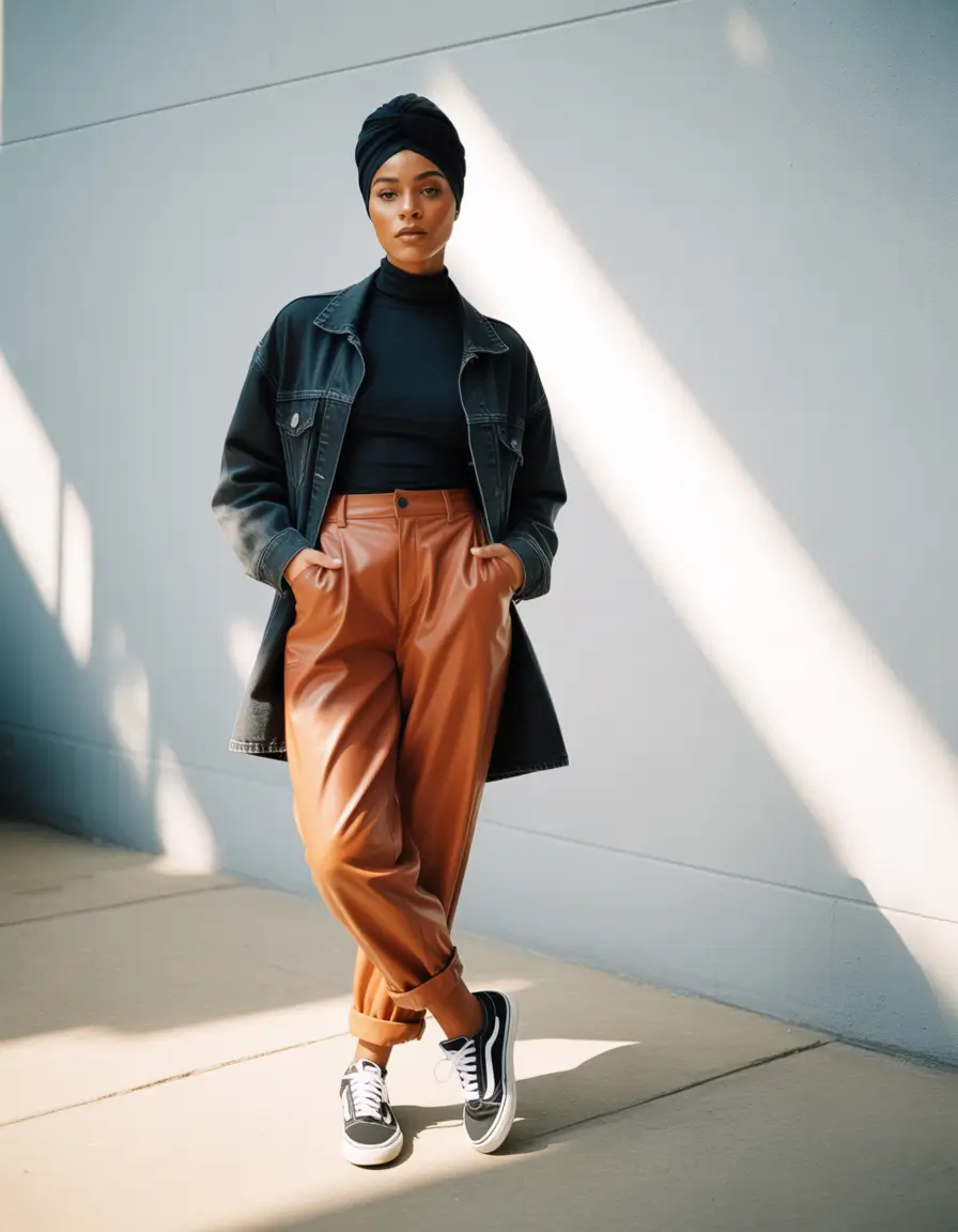 Minimalist capsule wardrobe outfits 2026 Deep Black Layers With Warm Cinnamon Leather