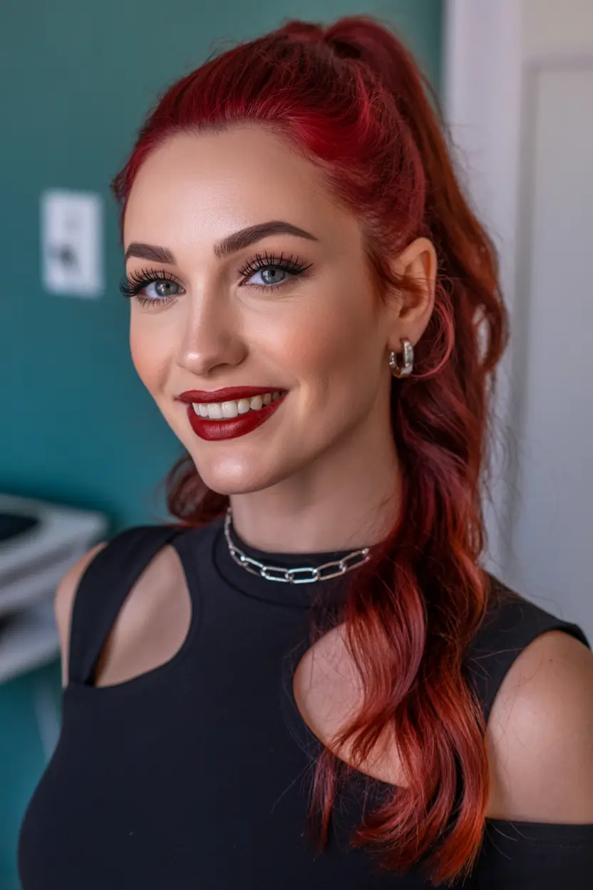 red hair colors 2026 soft red ponytail