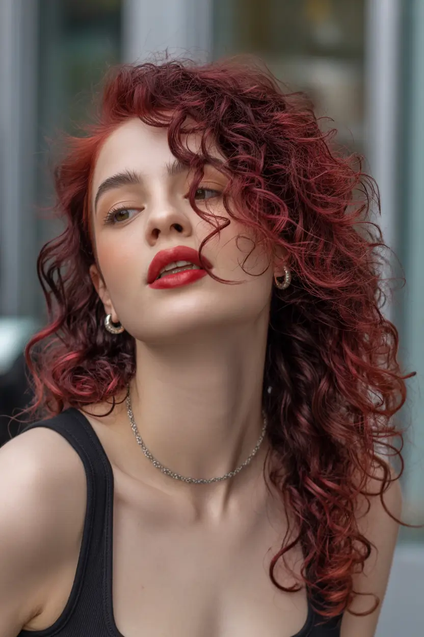 red hair colors 2026 textured dark cherry curls