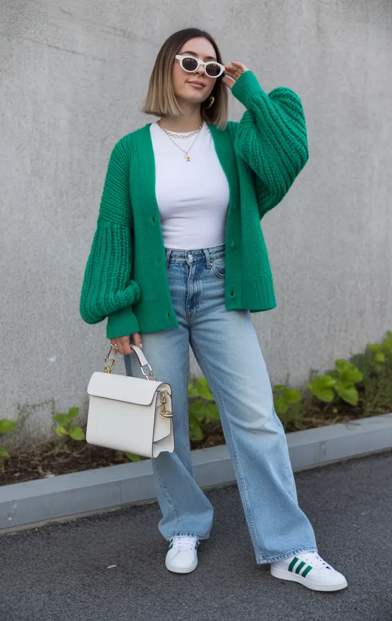 simple everyday outfits 2026 Soft Layers With a Pop of Green