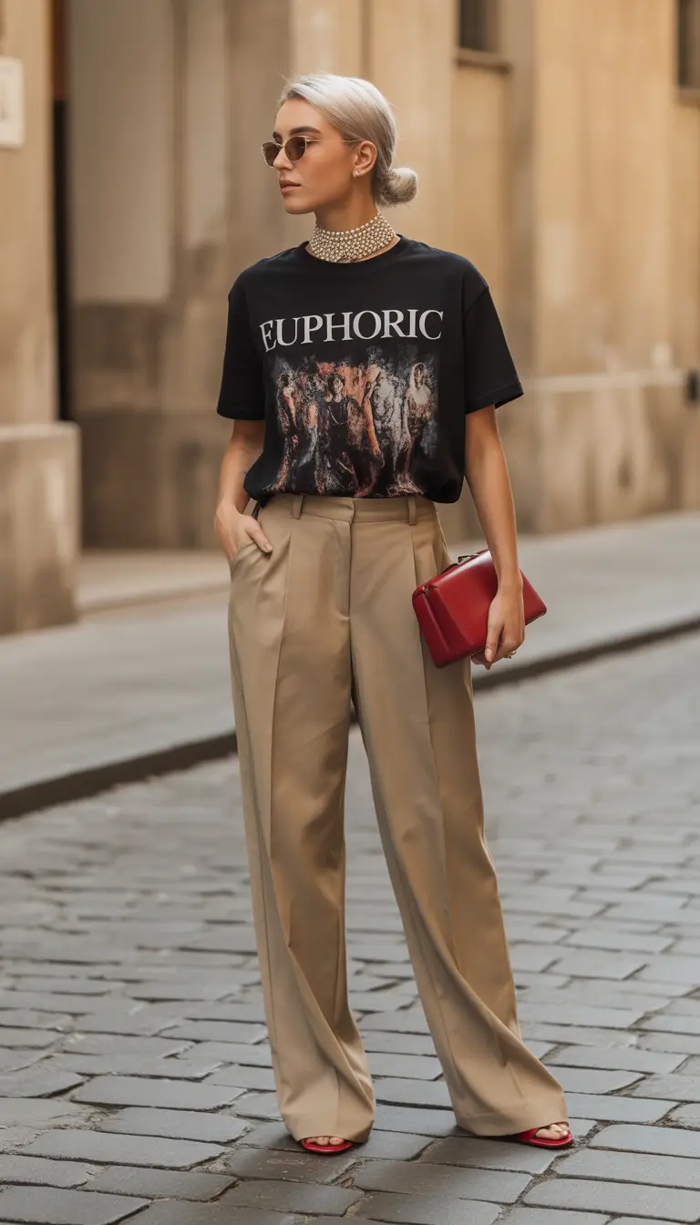 simple everyday outfits 2026 Graphic Tee Meets Tailored Proportions