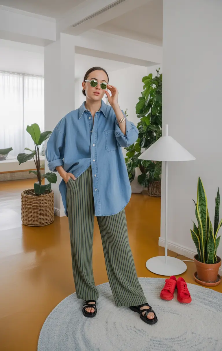 simple everyday outfits 2026 Relaxed Denim Shirt With Soft Striped Pants