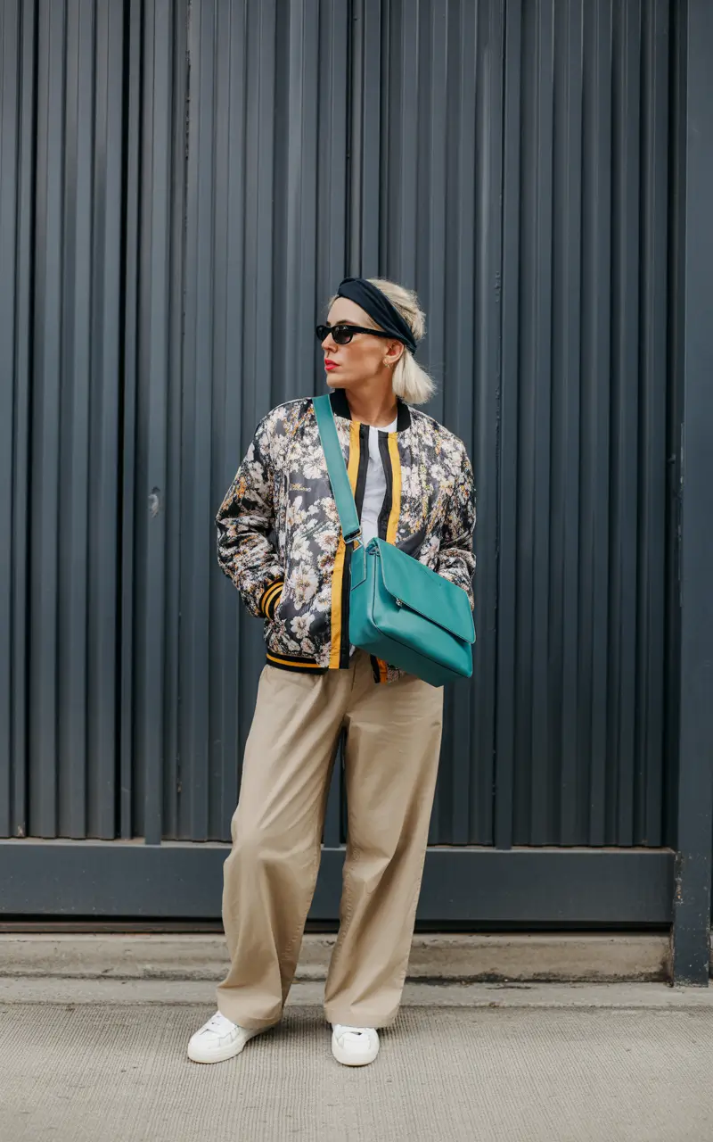 simple everyday outfits 2026 Patterned Bomber With Clean Neutrals