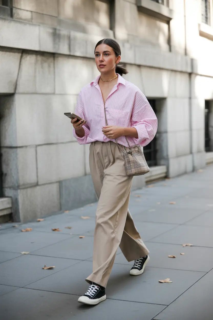 simple everyday outfits 2026 Pink Button-Up and Soft Trousers for Quiet Elegance