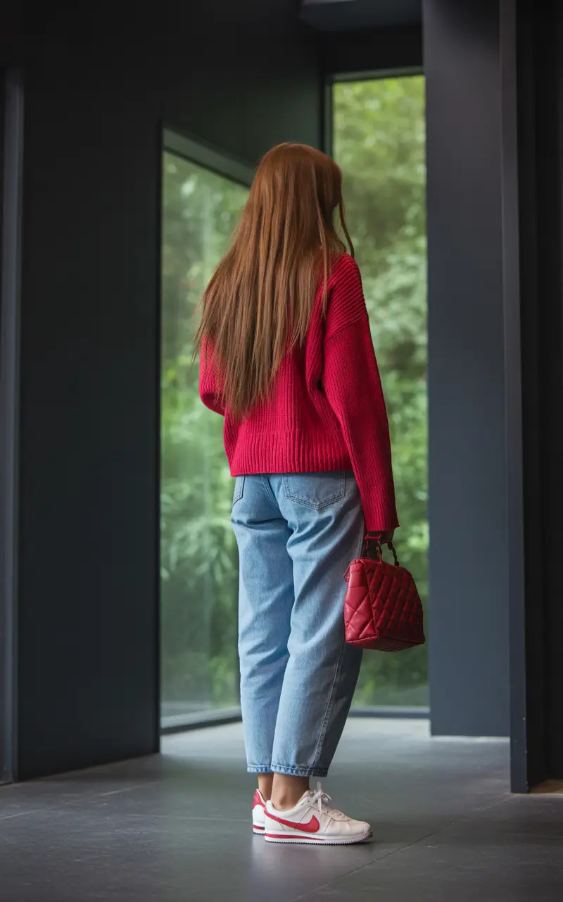 simple everyday outfits 2026 Red Knit and Denim for a Striking Everyday Moment
