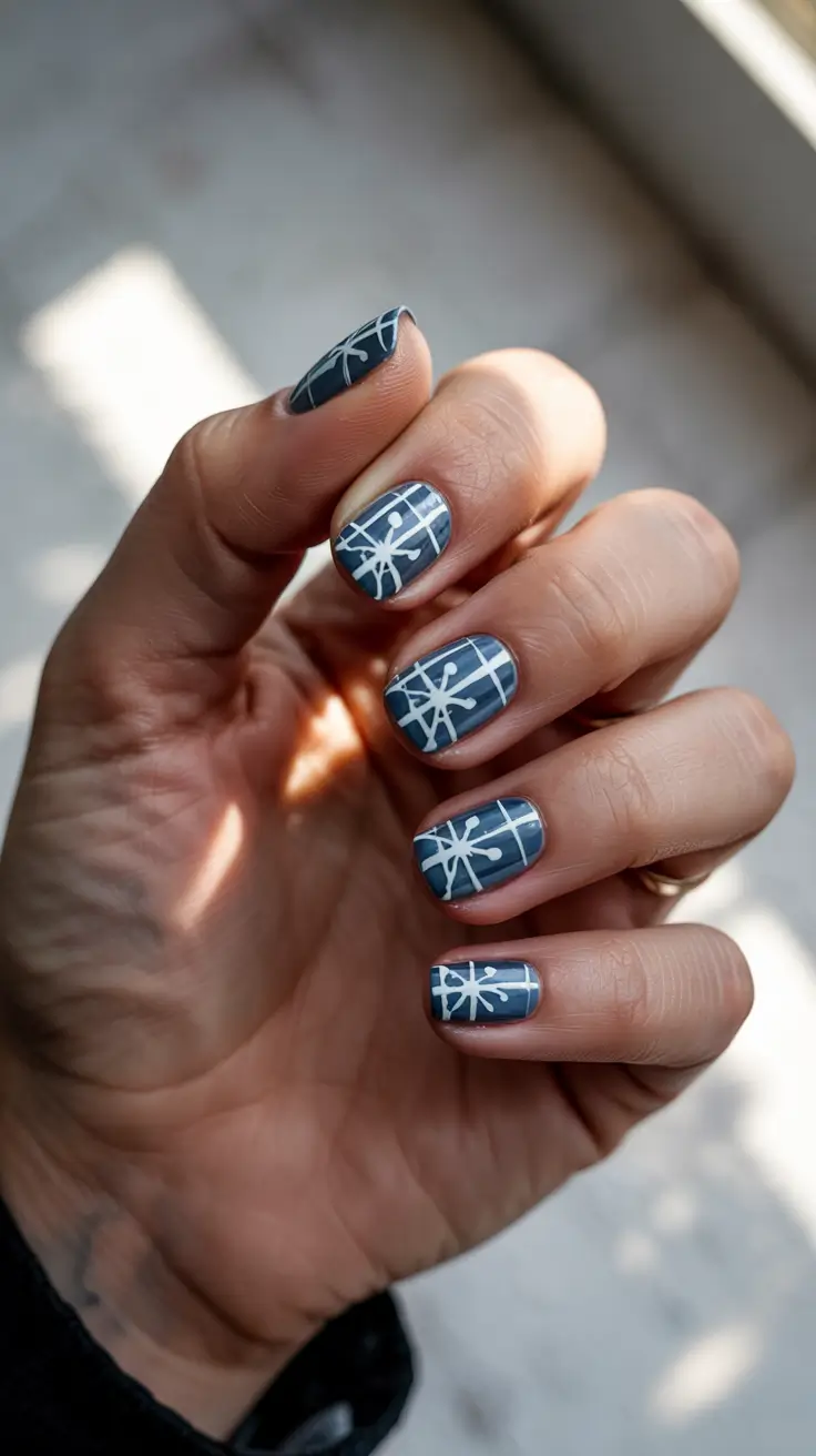 snowflake winter nails Frosted Grid Blue Nails
