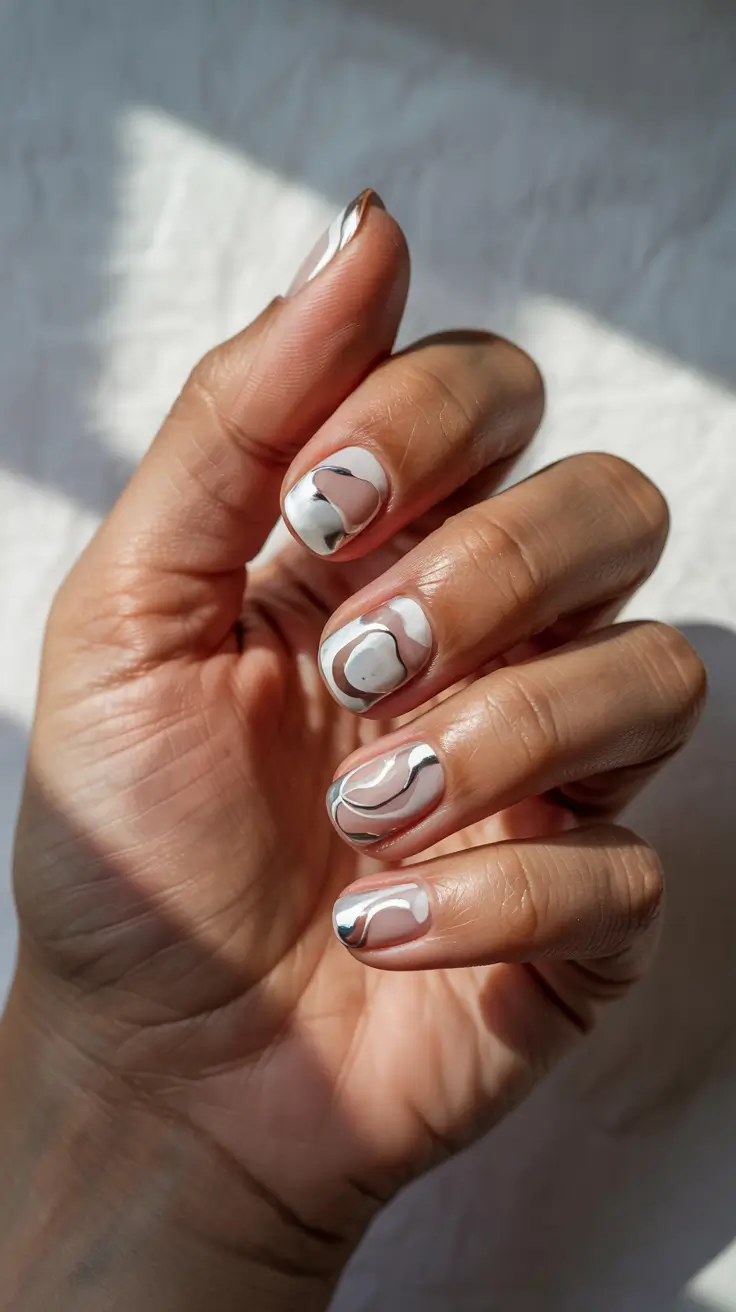 snowflake winter nails Silver Melt Marble